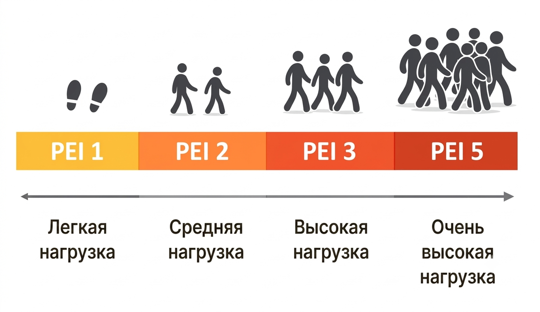 Шкала износостойкости плитки PEI от 1 до 5: от лёгкой до очень высокой нагрузки